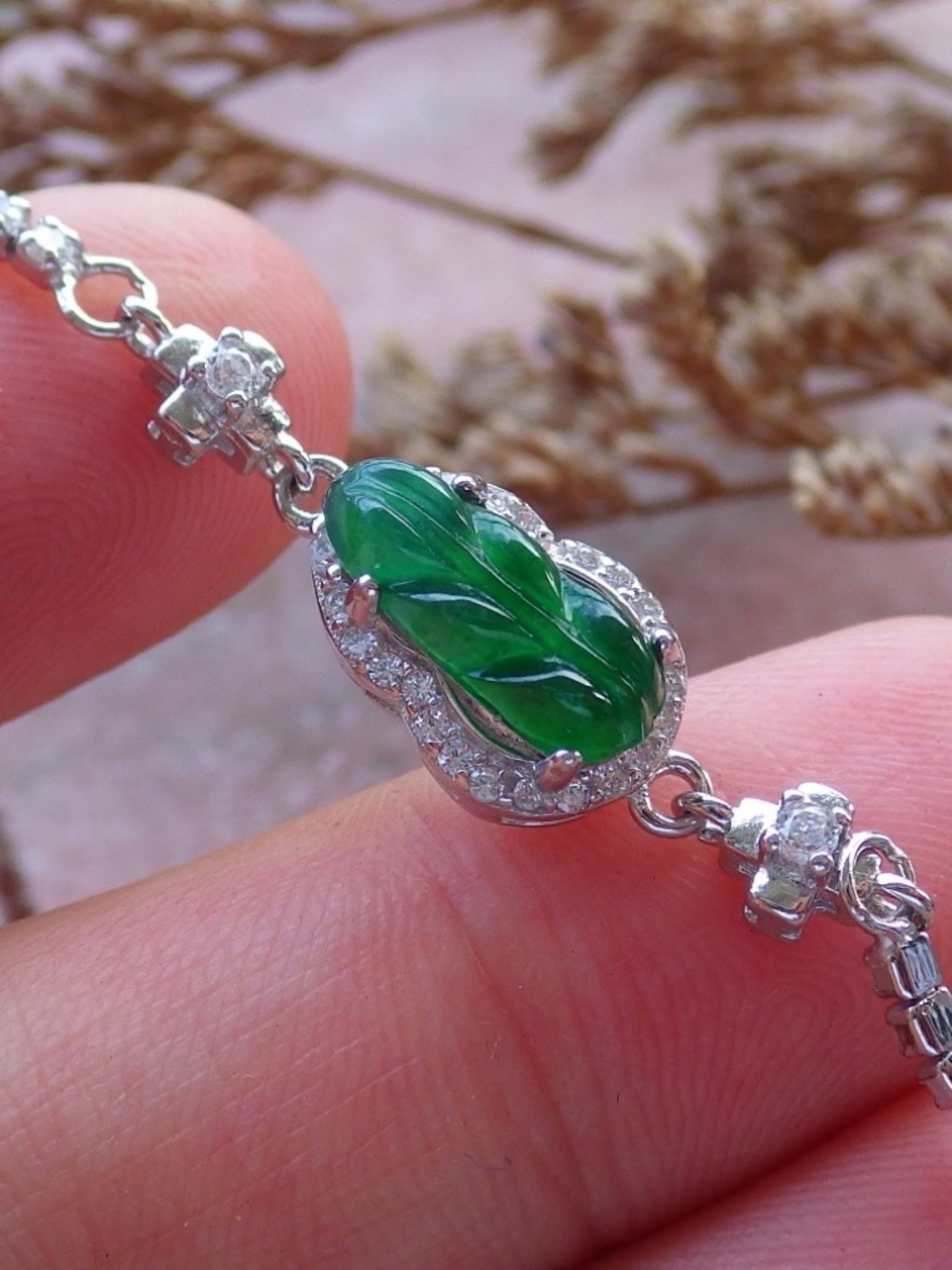 Certified Sterling Silver 925 Natural A Jade Jadeite Bead Beads Leaf Bracelet